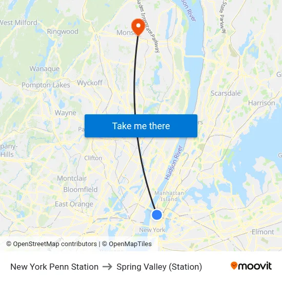New York Penn Station to Spring Valley (Station) map