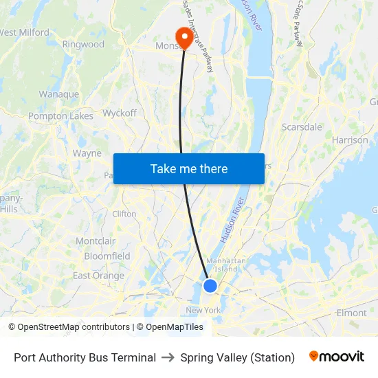 Port Authority Bus Terminal to Spring Valley (Station) map