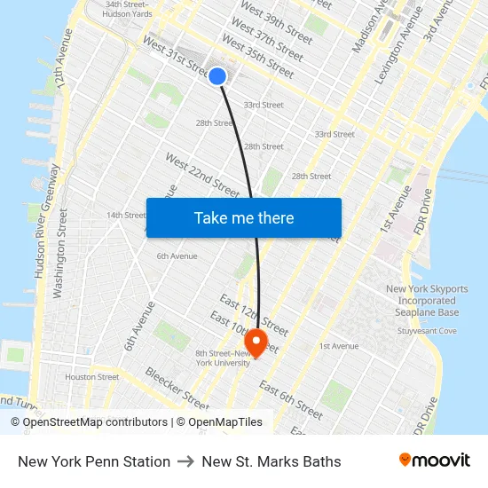 New York Penn Station to New St. Marks Baths map