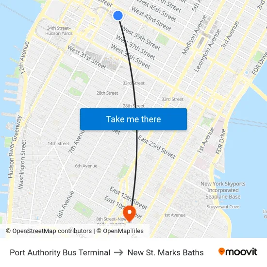 Port Authority Bus Terminal to New St. Marks Baths map