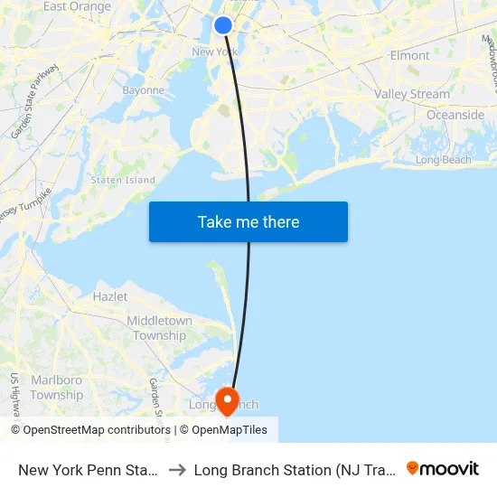 New York Penn Station to Long Branch Station (NJ Transit) map