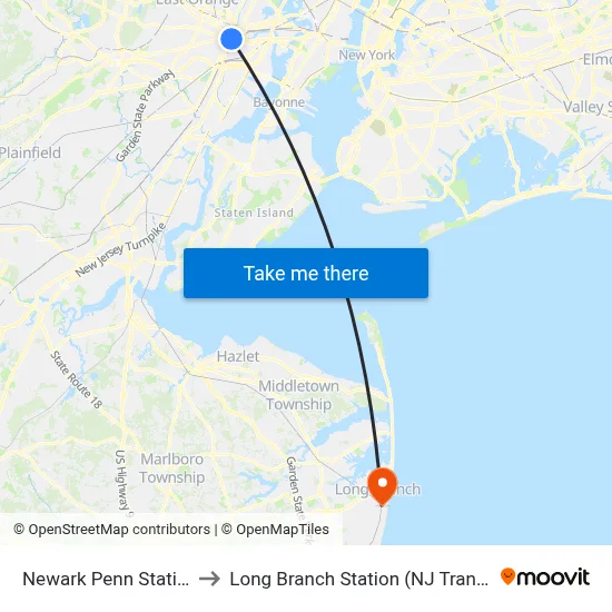 Newark Penn Station to Long Branch Station (NJ Transit) map