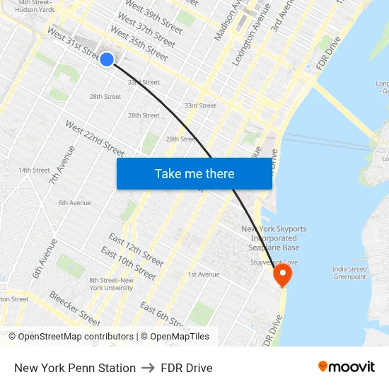 New York Penn Station to FDR Drive map