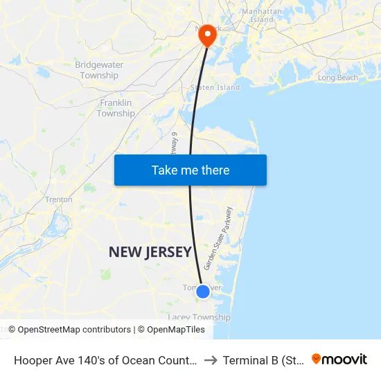 Hooper Ave 140's of Ocean County Complex to Terminal B (Station) map