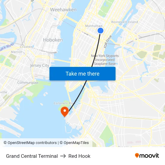 Grand Central Terminal to Red Hook map