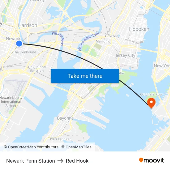 Newark Penn Station to Red Hook map