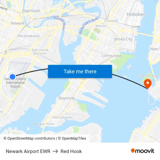 Newark Airport EWR to Red Hook map