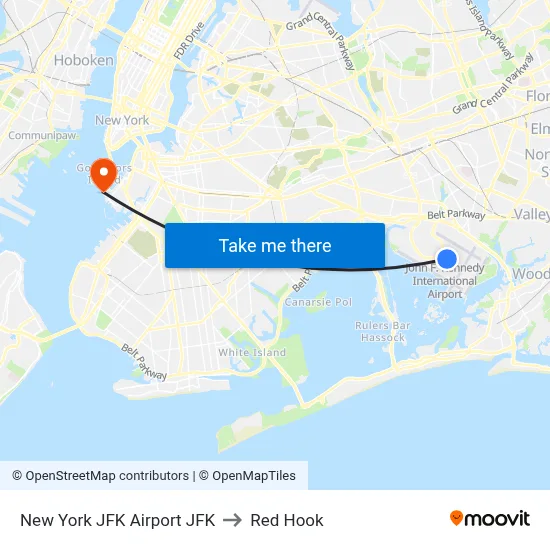 New York JFK Airport JFK to Red Hook map