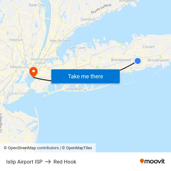 Islip Airport ISP to Red Hook map