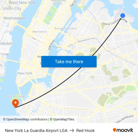 New York La Guardia Airport LGA to Red Hook map