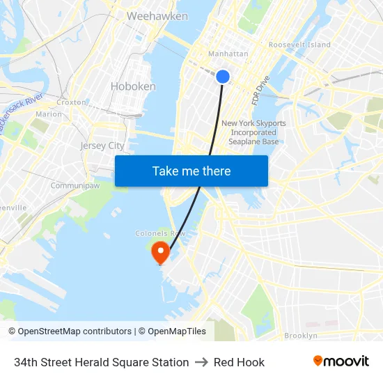 34th Street Herald Square Station to Red Hook map