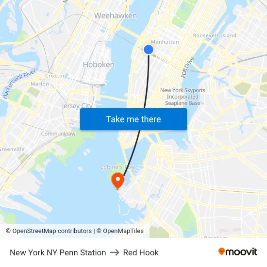 New York NY Penn Station to Red Hook map