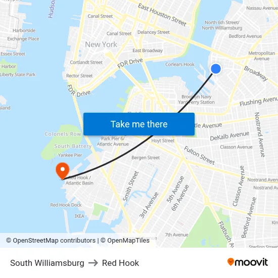 South Williamsburg to Red Hook map