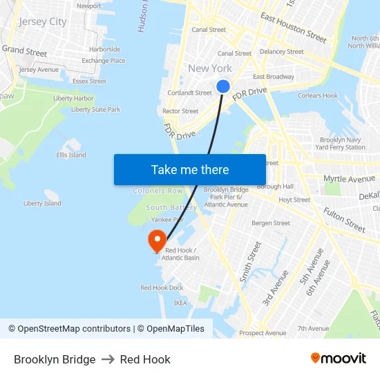 Brooklyn Bridge to Red Hook map
