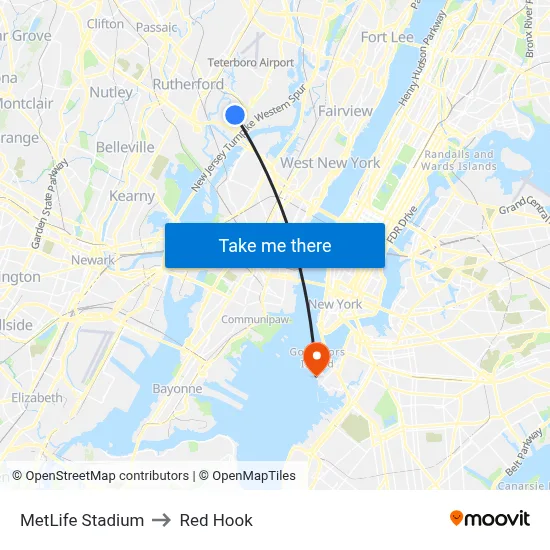 MetLife Stadium to Red Hook map