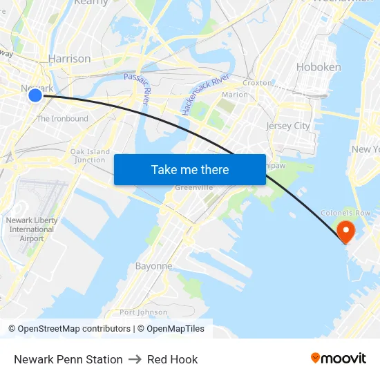 Newark Penn Station to Red Hook map