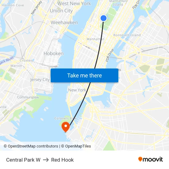 Central Park W to Red Hook map