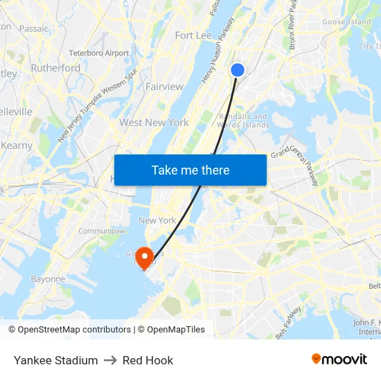 Yankee Stadium to Red Hook map