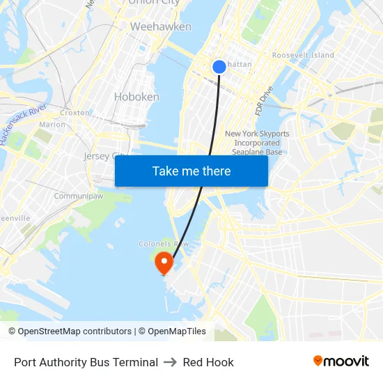 Port Authority Bus Terminal to Red Hook map