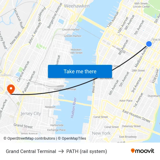 Grand Central Terminal to PATH (rail system) map