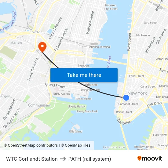 WTC Cortlandt Station to PATH (rail system) map