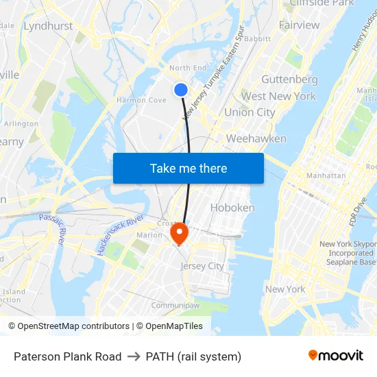 Paterson Plank Road to PATH (rail system) map