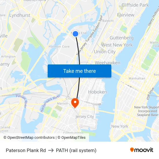 Paterson Plank Rd to PATH (rail system) map