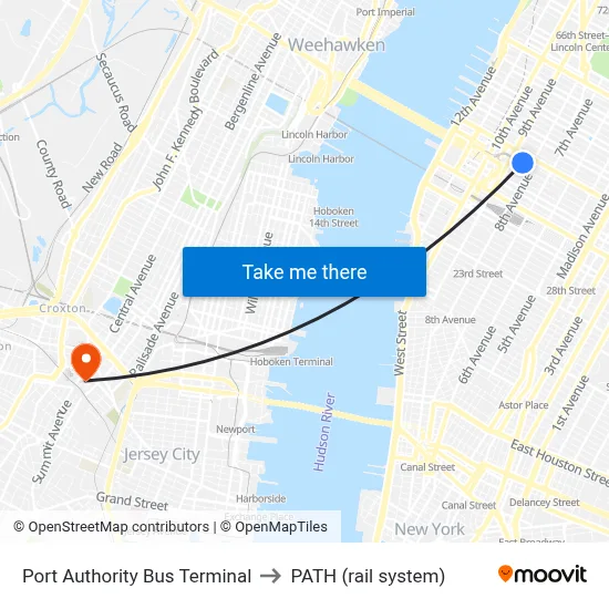 Port Authority Bus Terminal to PATH (rail system) map