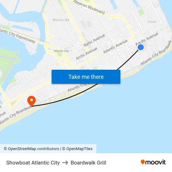 Showboat Atlantic City to Boardwalk Grill map