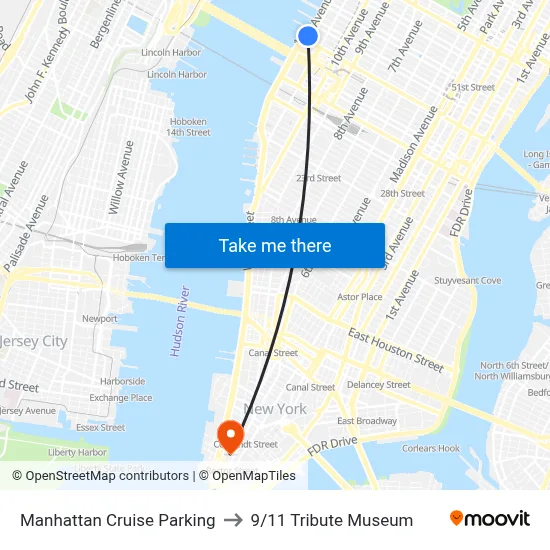 Manhattan Cruise Parking to 9/11 Tribute Museum map