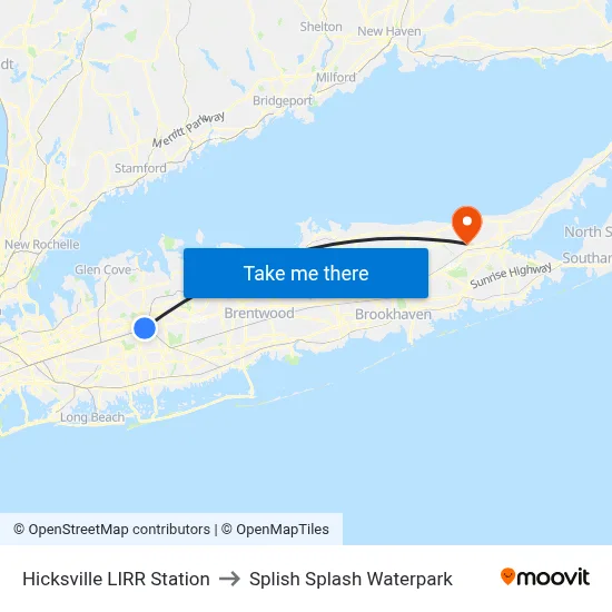 Hicksville LIRR Station to Splish Splash Waterpark map