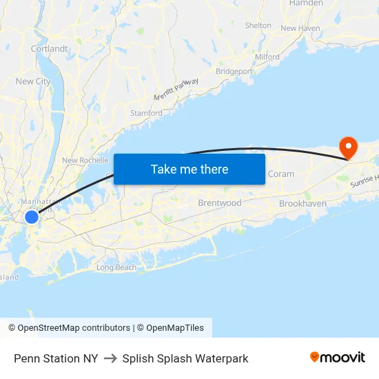 Penn Station NY to Splish Splash Waterpark map