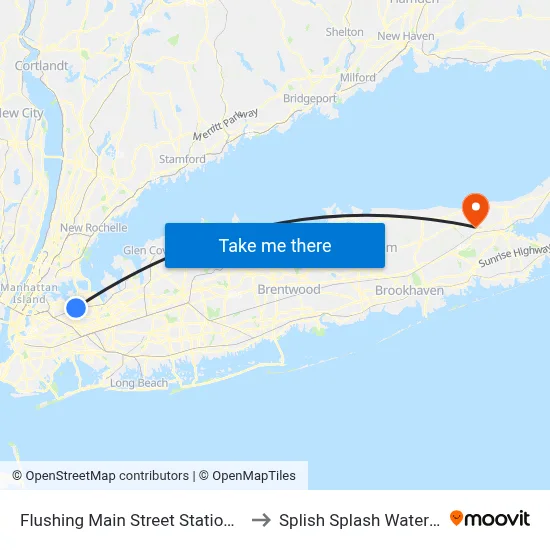 Flushing Main Street Station LIRR to Splish Splash Waterpark map