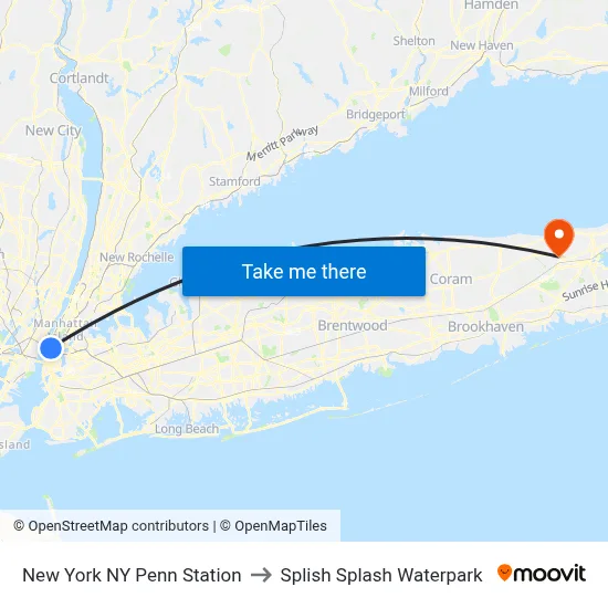 New York NY Penn Station to Splish Splash Waterpark map