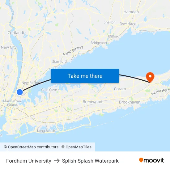 Fordham University to Splish Splash Waterpark map