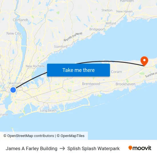 James A Farley Building to Splish Splash Waterpark map