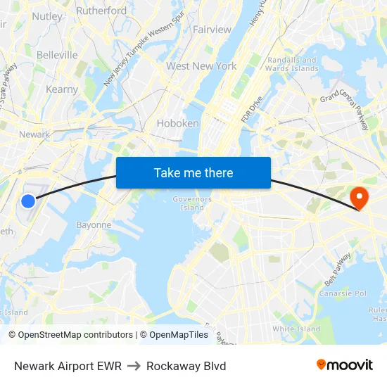 Newark Airport EWR to Rockaway Blvd map