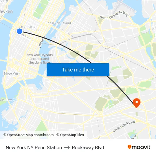 New York NY Penn Station to Rockaway Blvd map