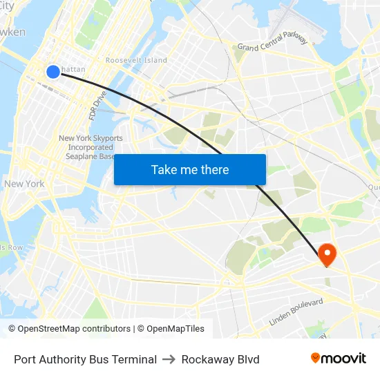 Port Authority Bus Terminal to Rockaway Blvd map
