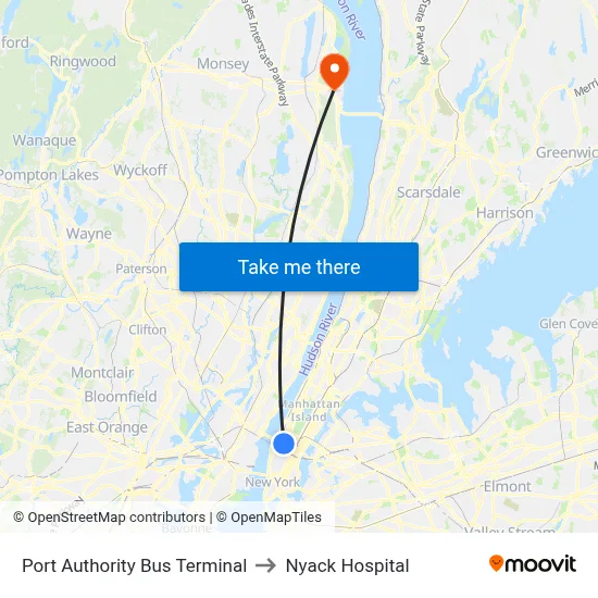 Port Authority Bus Terminal to Nyack Hospital map