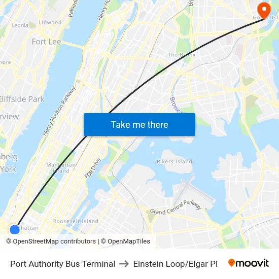 Port Authority Bus Terminal to Einstein Loop/Elgar Pl map