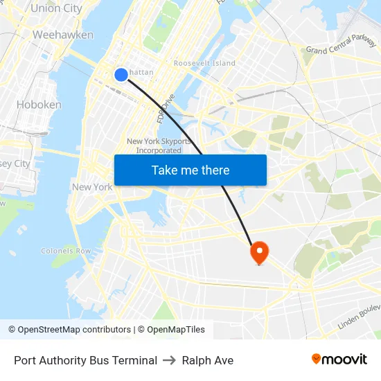 Port Authority Bus Terminal to Ralph Ave map