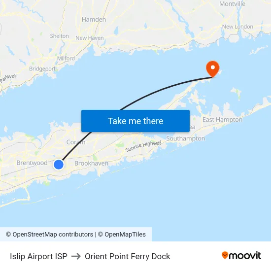 Islip Airport ISP to Orient Point Ferry Dock map