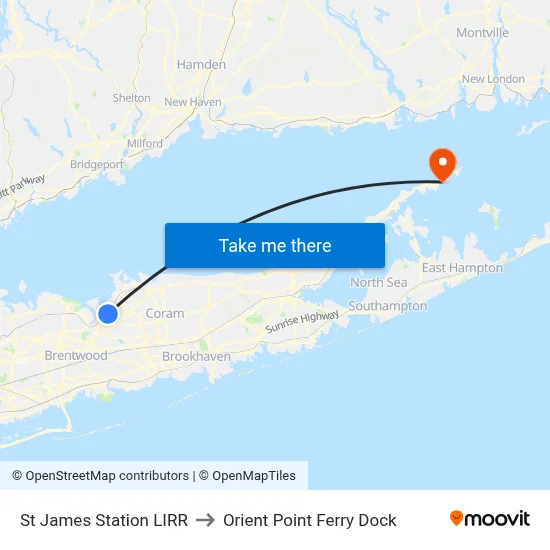 St James Station LIRR to Orient Point Ferry Dock map