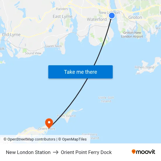 New London Station to Orient Point Ferry Dock map