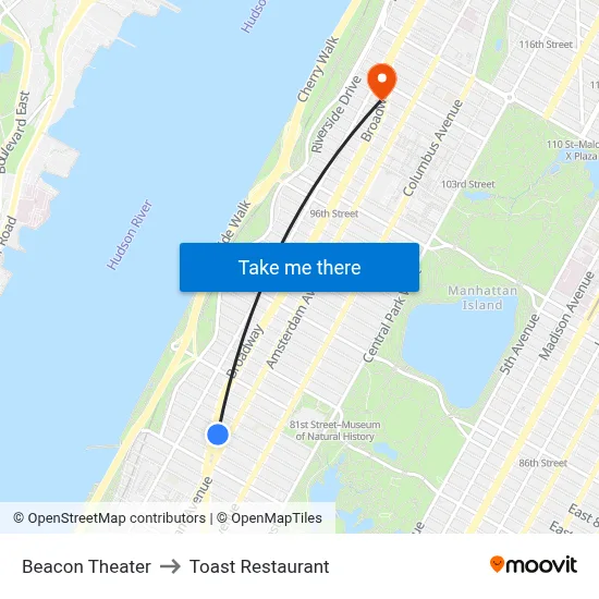 Beacon Theater to Toast Restaurant map