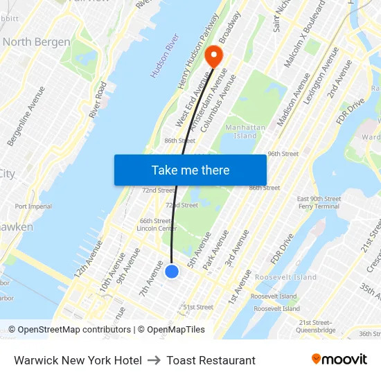 Warwick New York Hotel to Toast Restaurant map
