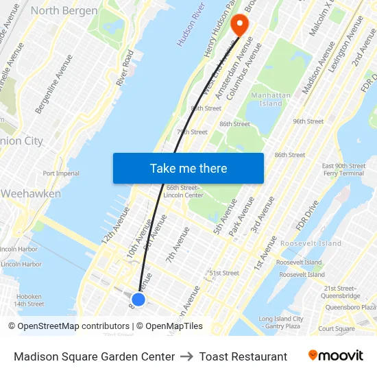 Madison Square Garden Center to Toast Restaurant map