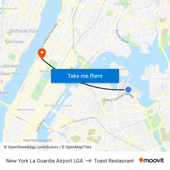 New York La Guardia Airport LGA to Toast Restaurant map