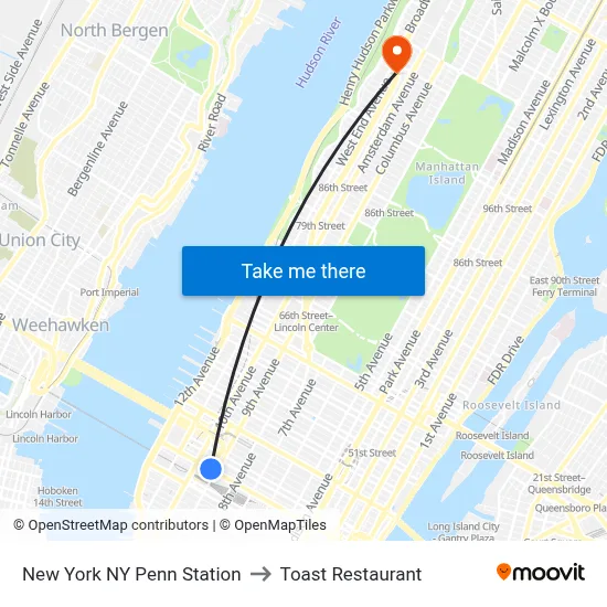 New York NY Penn Station to Toast Restaurant map